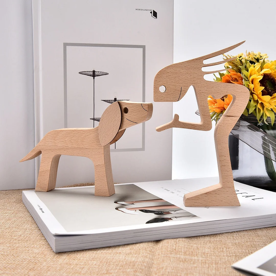 Handmade Wood Dog Decor Sculptures Craft Creative Figurine Ornement Decoration For Bedroom Home Office Decor Gift Natural