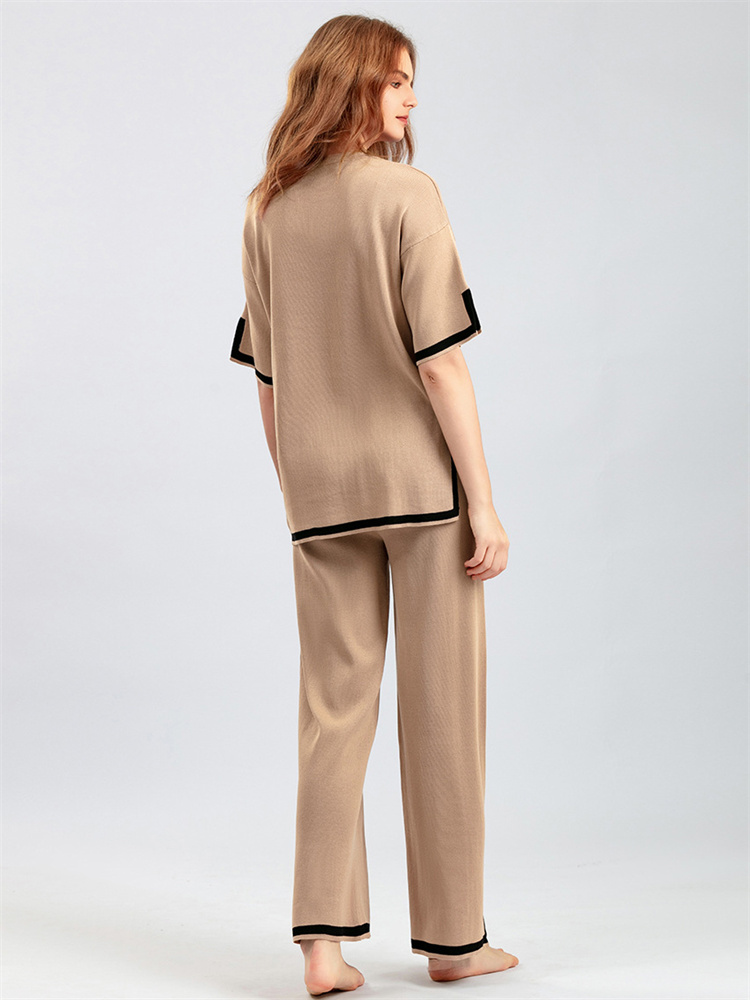 Ootddress Contrast Knit Trousers 2 Piece-Set Female Slim Patchwork Loose Casual Streetwear Pullover And Wide Leg Women's Pants Sets