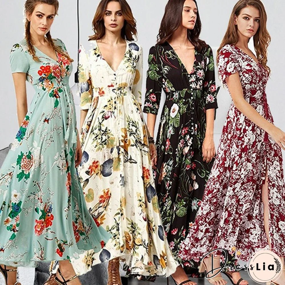 Summer Fashion Womens Bohemian V Neck Print Big Swing Long Dress Plus Size