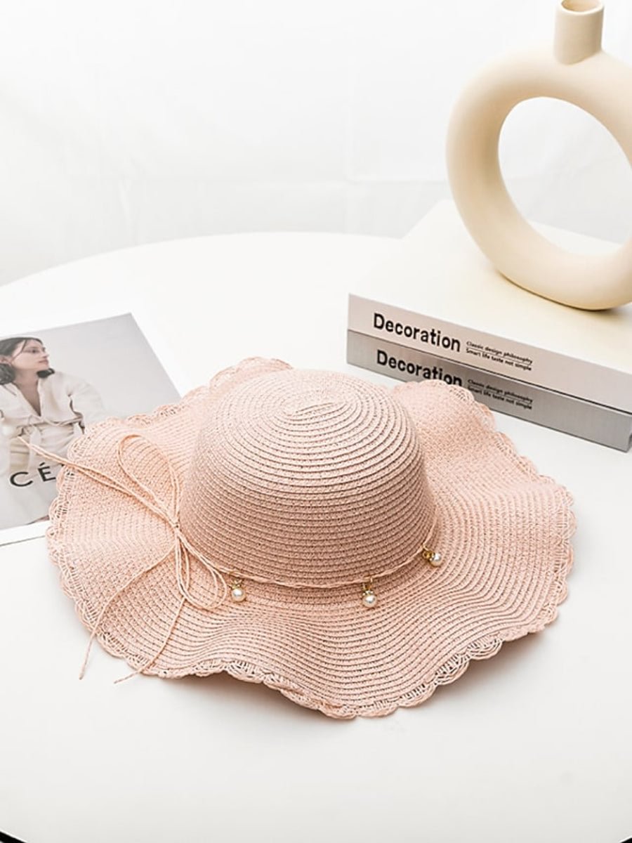 Women's Stylish Sun Hat Pure Color Lace-Up Pearl Large Wave Brim UV Protection Straw Hat