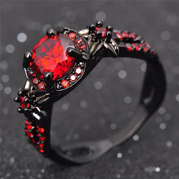 Exquisite Flower Shiny Red Garnet Ring Fashion Jewelry Vintage Black Gold Filled Ring Wedding Band Diamond Rings For Women Christmas Gift - Shop Trendy Women's Fashion | TeeYours