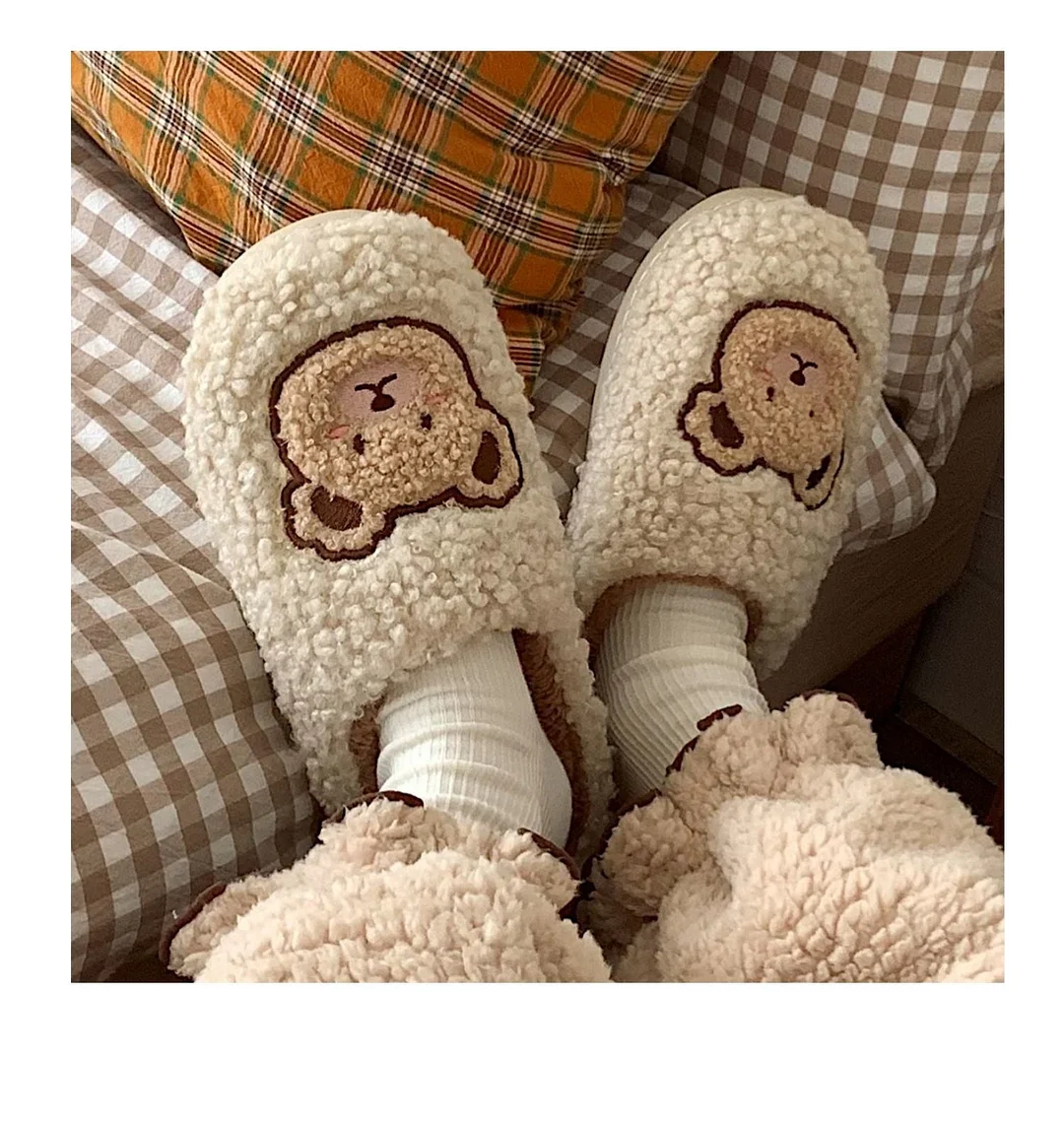 2022 Winter Women Slipper Lovely Bear Cartoon Plush Cotton Home Slippers Female Indoor Household Anti-Skid Thick Bottom Slipper