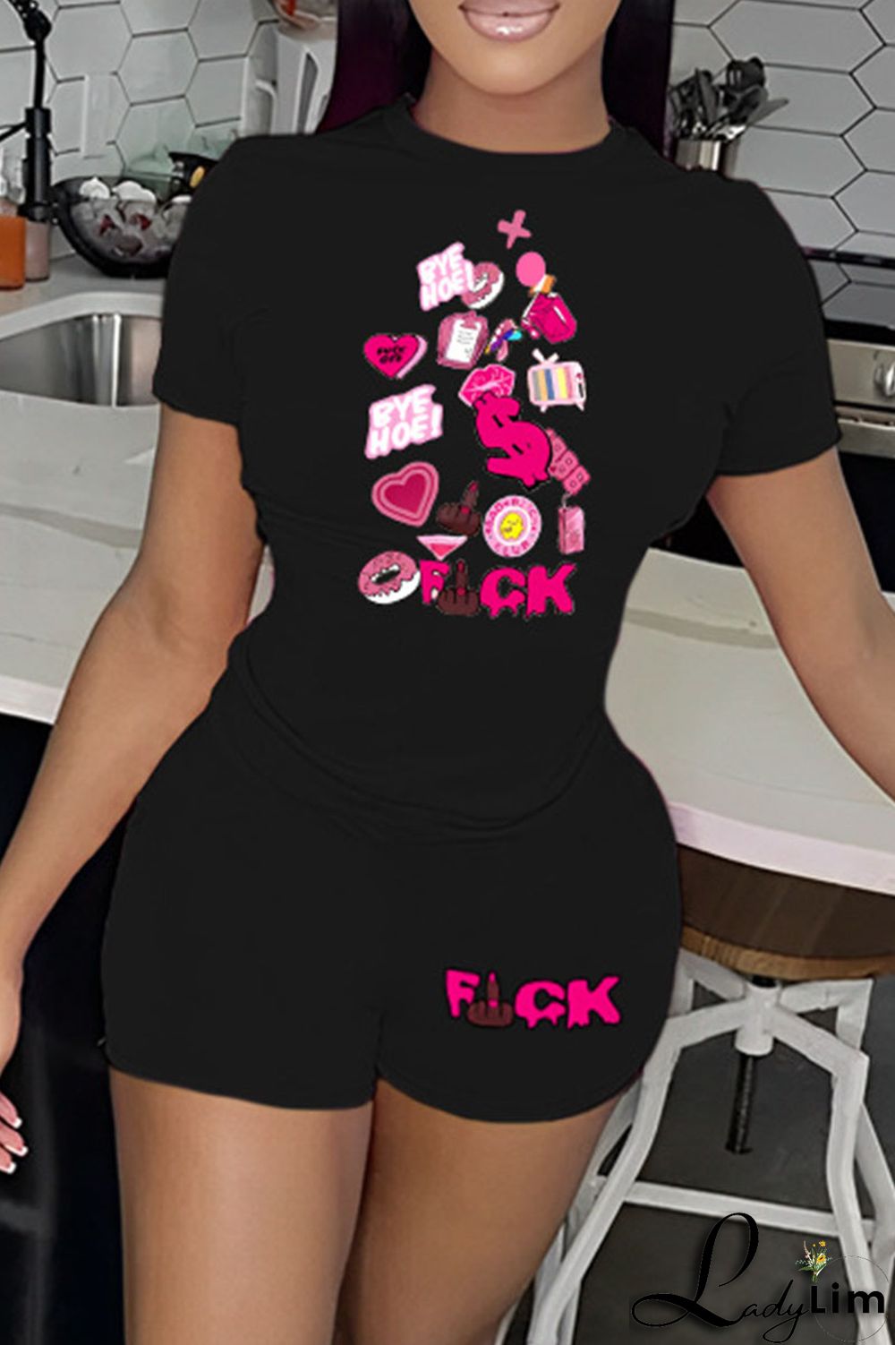 Orange Casual Print Patchwork O Neck Short Sleeve Two Pieces