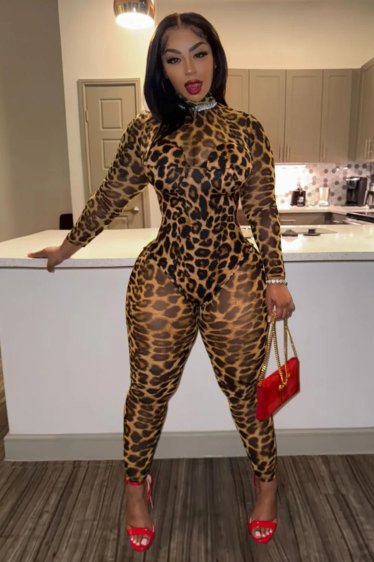 High Neck Leopard Print Semi-Sheer Bodycon Party Jumpsuit-Brown [Pre Order]