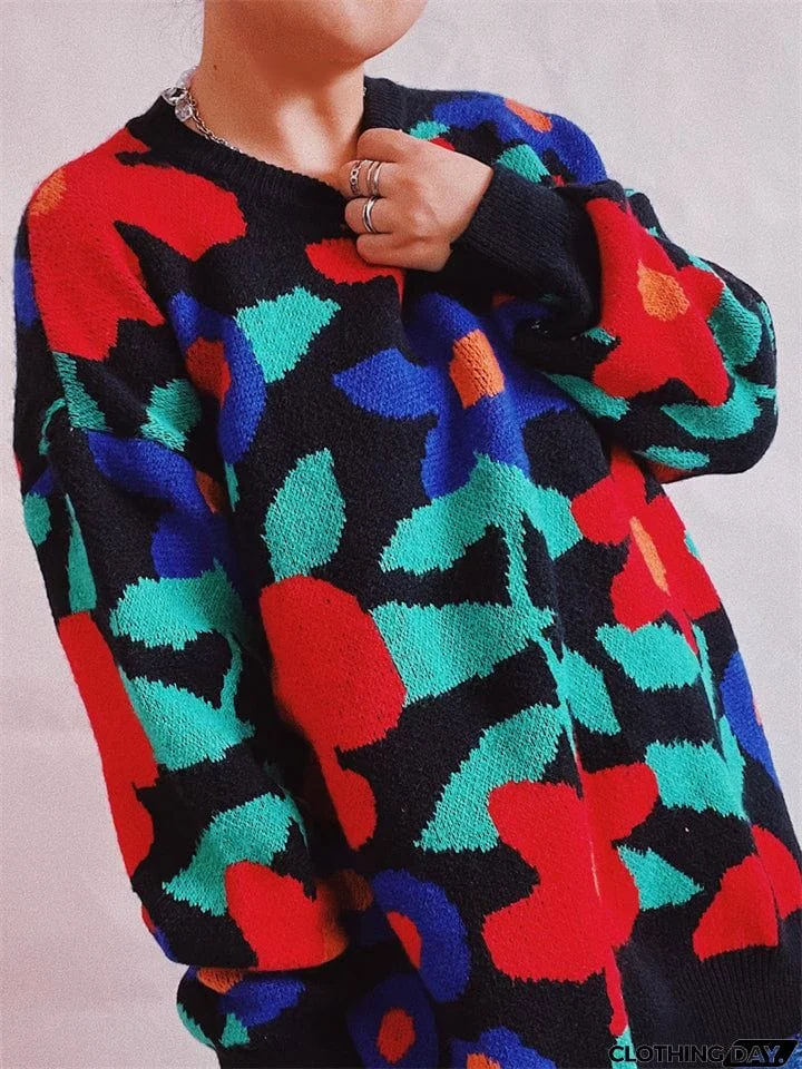 Casual Round Neck Floral Pullover Sweater