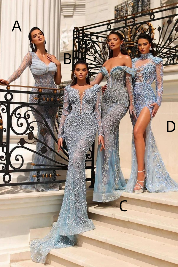 Blue Off-The-Shoulder Sequins Appliques Split Prom Dress