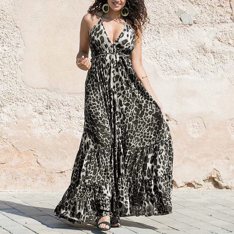 Fashion Leopard Print Sling Maxi Dress