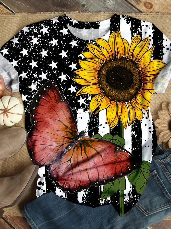 Women's Loose Sunflower Butterfly Print Short Sleeve Top