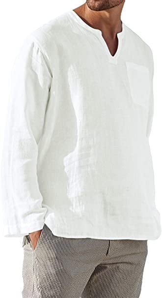 Men's casual long sleeve V-neck solid color loose vacation beach Linen Shirt