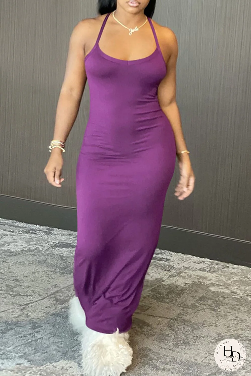 Purple Sexy Casual Solid Backless Spaghetti Strap Sleeveless Dress