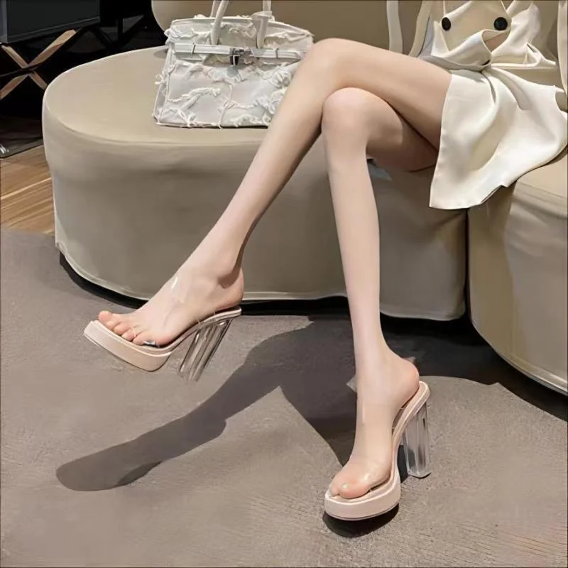 Breakj Breakj Man Not Tired Feet High-Heeled Women's Sandals 2025 Summer New Transparent Design Crystal Cool Slippers Outside