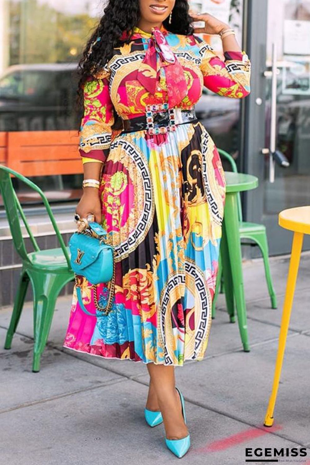 Colour Elegant Print Bandage Patchwork Fold O Neck A Line Dresses | EGEMISS