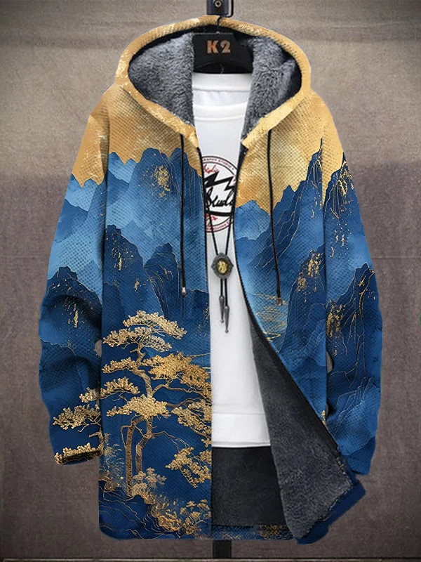 Men's Landscape Golden Art Print Hooded Trench Coat