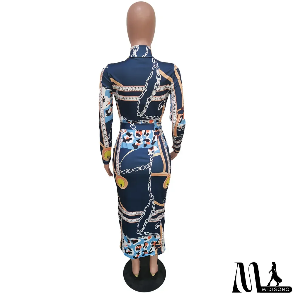 MidiSono - Women's Zip-Up Print Midi Dress (with Belt)
