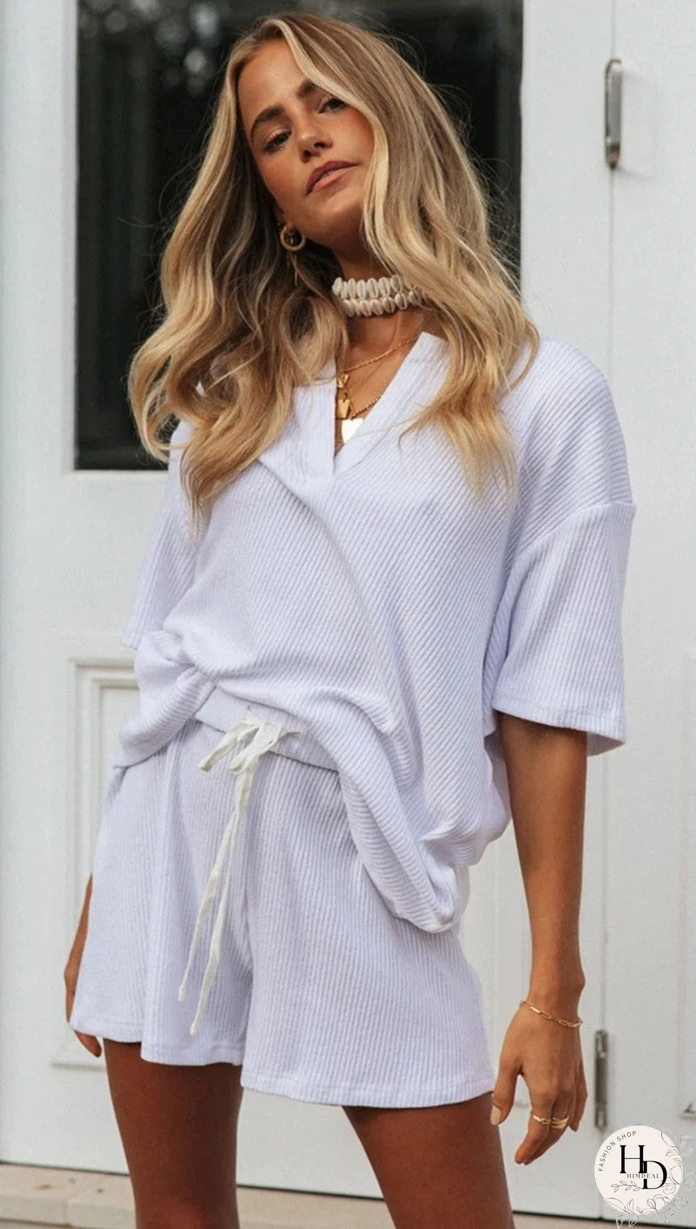 White Knit Slouchy Top and Shorts Matching Sets