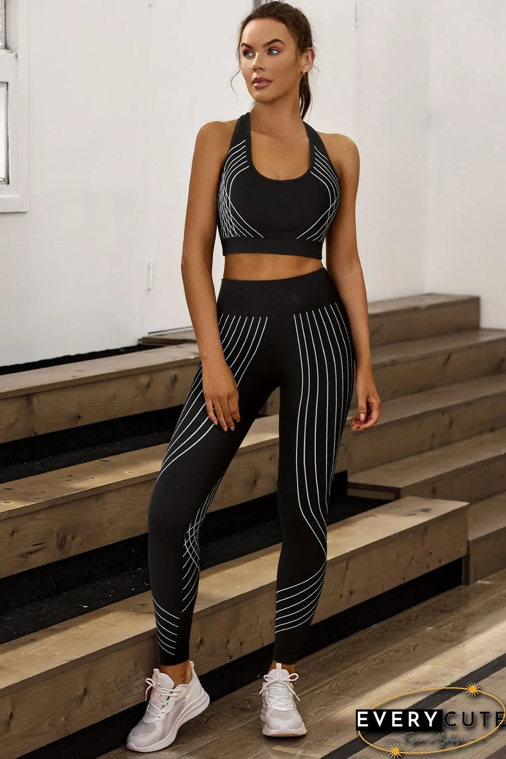 Black Striped Racerback Tank Top and High Waist Pants Active Set