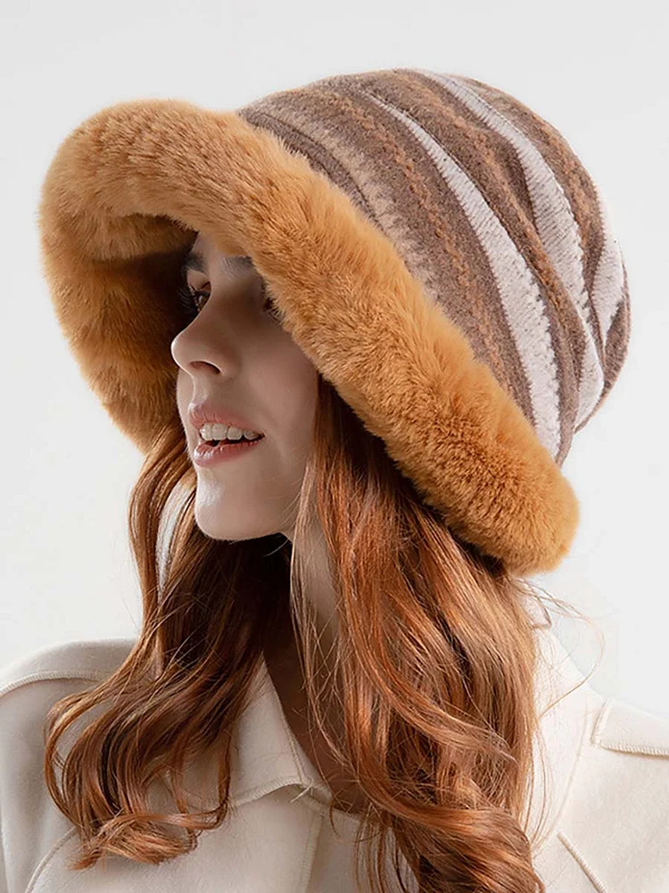 Women Winter Knitted Wool Liner Hat-Khaki-Orange