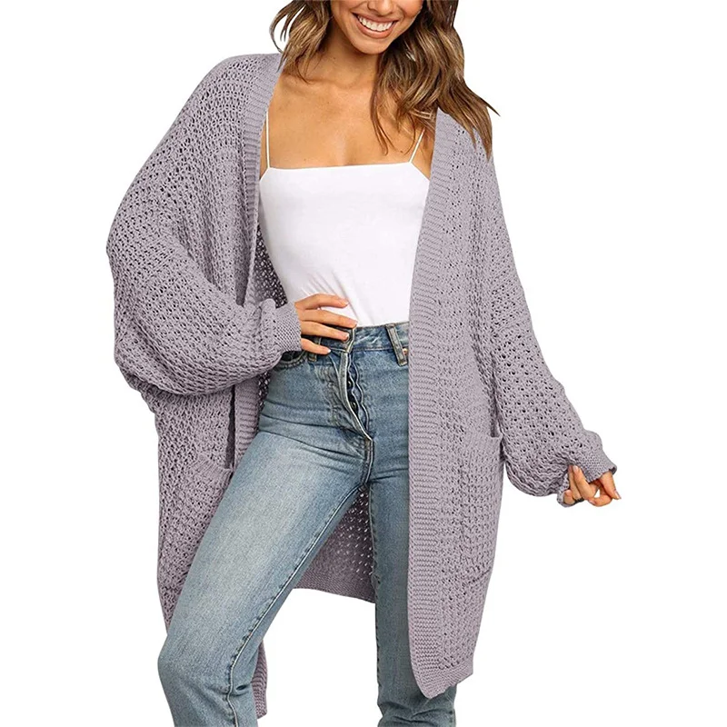 Wongn Wongn And Winter Hot Style Lady Solid Color Long Sleeve Pocket Loose Cardigan Knit Sweater Woman