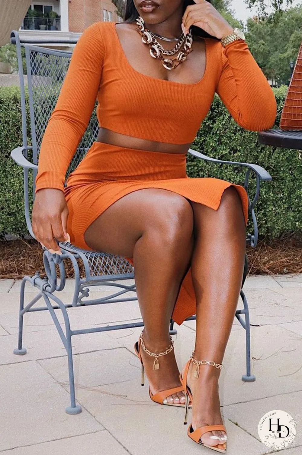 Tangerine Red Sexy Solid Split Joint Slit U Neck Long Sleeve Two Pieces