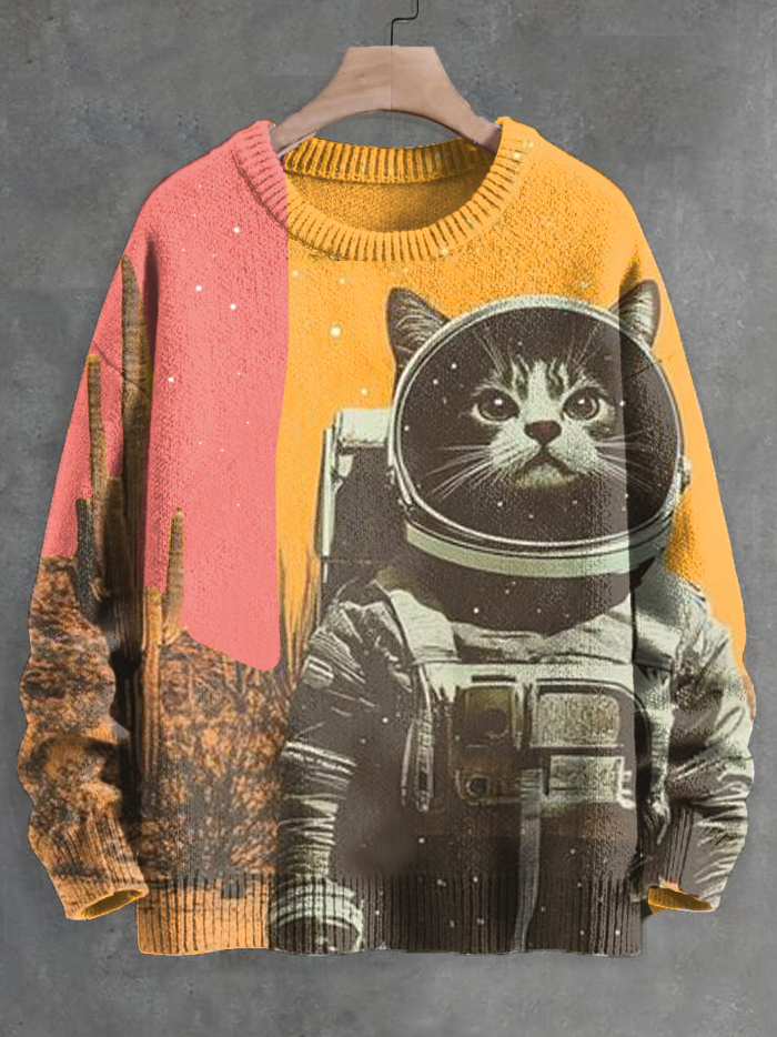 Men's Vintage Astronaut Cat Western Cactus Color Block Art Print Knit Sweatshirt