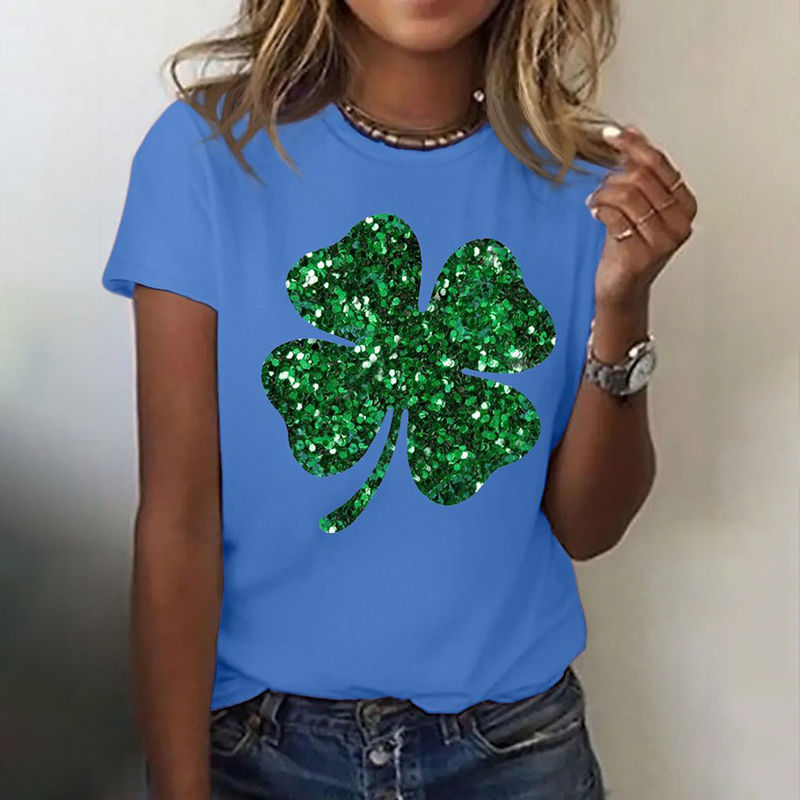 Women's Glitter Shamrock St patricks day Casual Print T-Shirt wearshes
