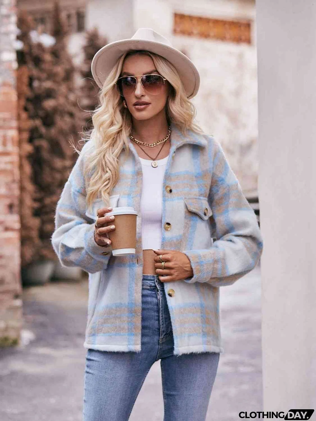 Plaid Dropped Shoulder Collared Jacket
