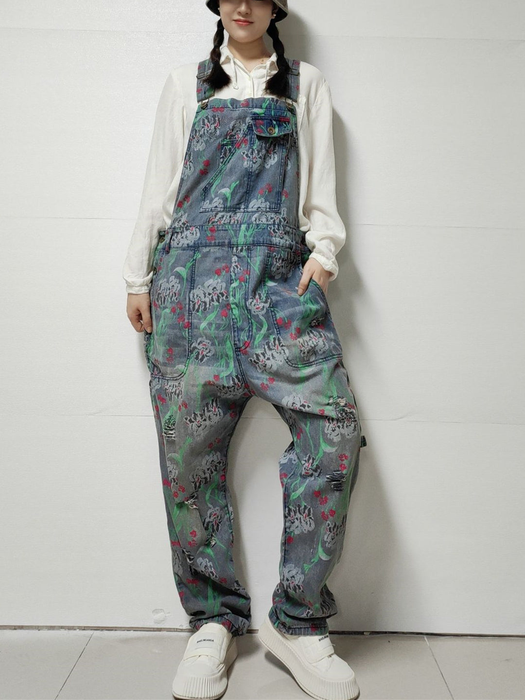 Women's Floral Printed Gradient Casual Retro Wide-leg Workwear Denim Overalls Jumpsuit