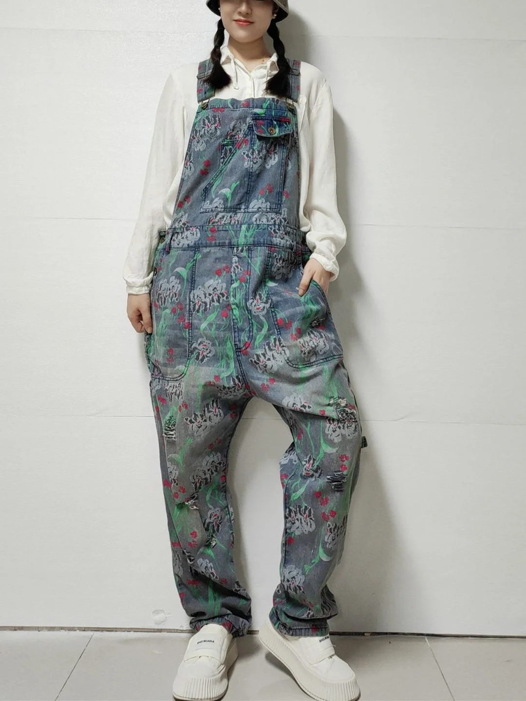 Women's Floral Printed Gradient Casual Retro Wide-leg Workwear Denim Overalls Jumpsuit