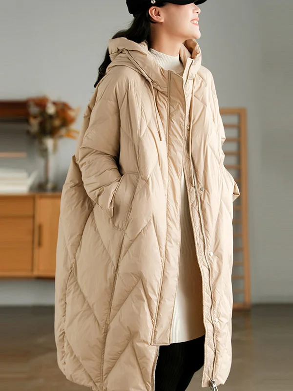 Vintage Roomy Drawstring Hooded Pure Color Down Coat