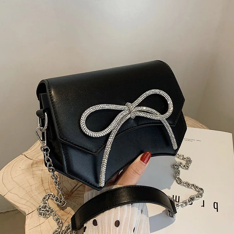 Solid color Small Crossbody bag 2021 New Quality PU Leather Women's Designer Handbag Diamond Bow Chain Shoulder Messenger Bag