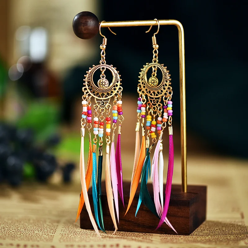 Colorful beads feather retro hollow tassel earrings