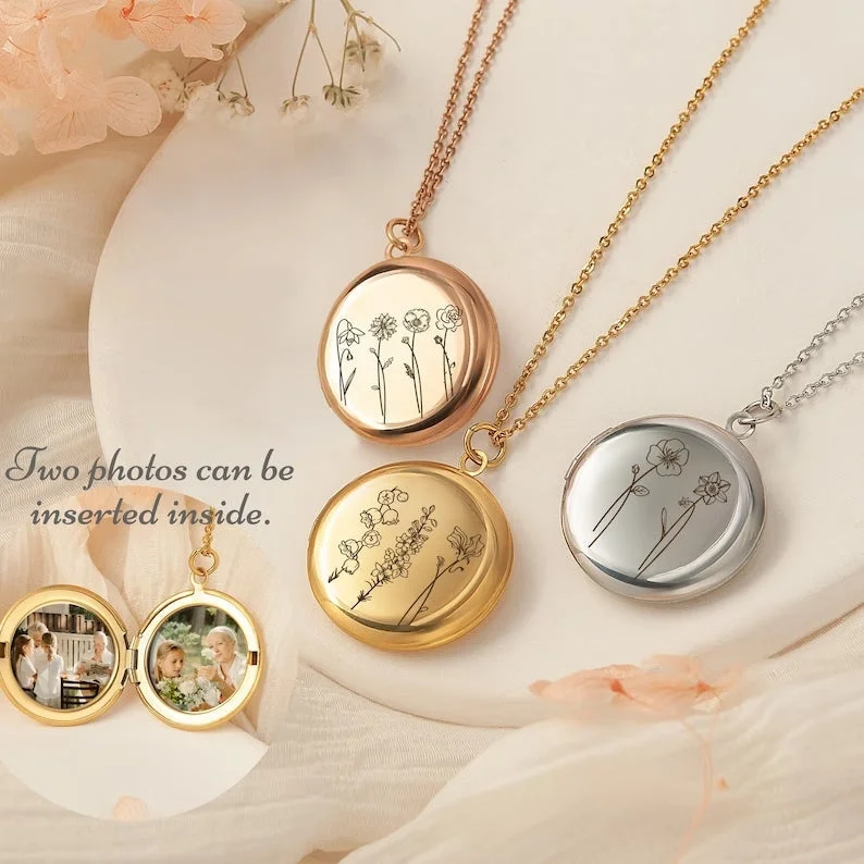 Personalized Gift Birth Flower Photo Necklace-50% Off Christmas Day Sale