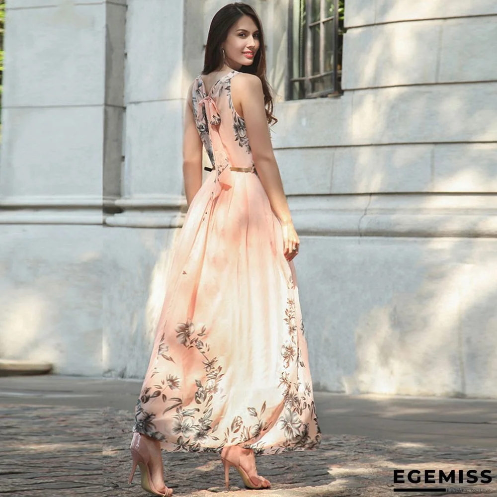 Bohemian Slim Dress Floral Sleeveless Print Chiffon Beach Skirt Holiday Dress | EGEMISS