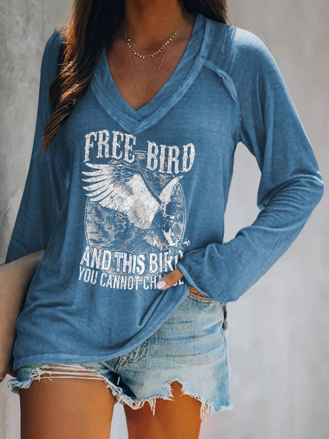 V-neck Retro Free Bird And This Bird You Cannot Change Print T-Shirt