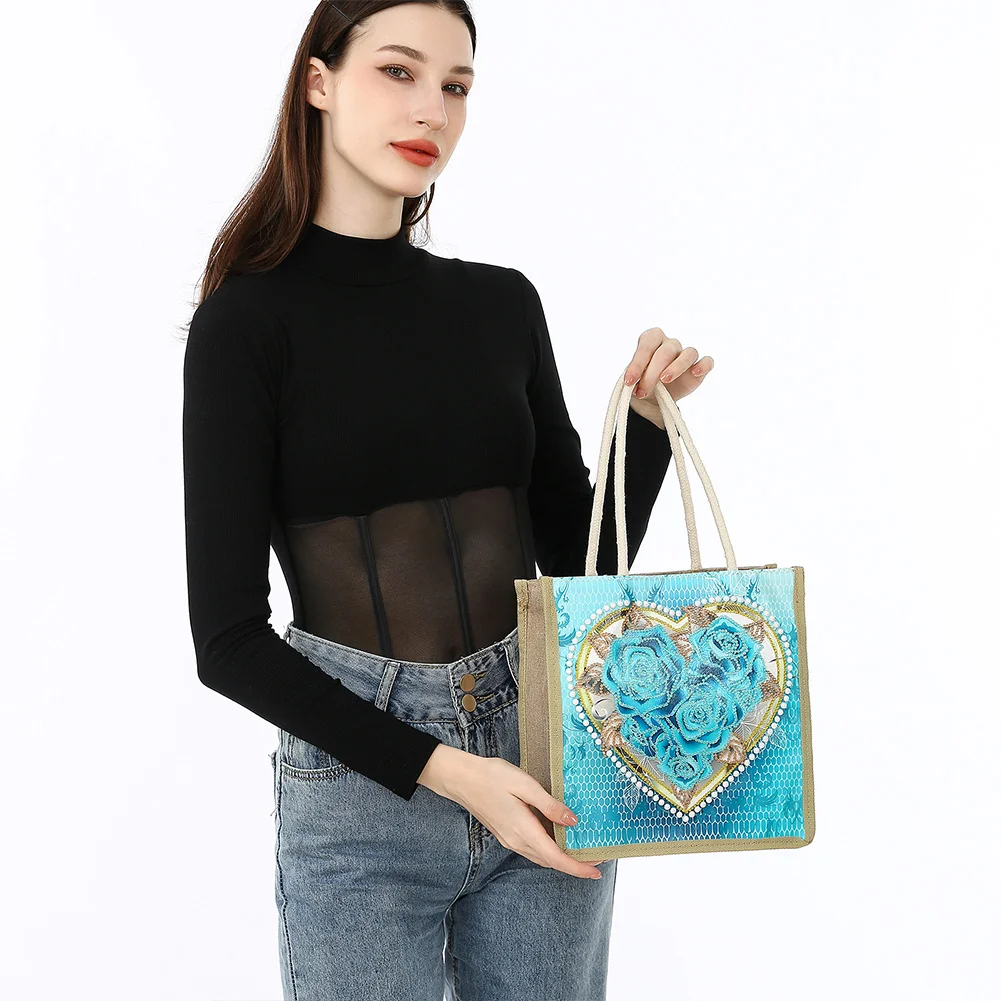 Rose Heart Diamond Painting Handbag DIY Linen Shopping Tote Bag