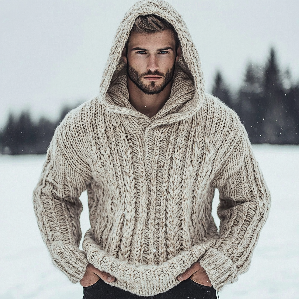 Men's Vintage Chunky Knit Jacquard Cozy Hooded Sweater wearshes