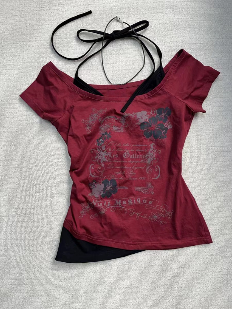 Aonga Summer Retro Purple Halter Fake Two Piece Print T-Shirt Women Y2K Streetwear Hot Girl Slim Fit Harajuku Fashion Casual Tops New aonga