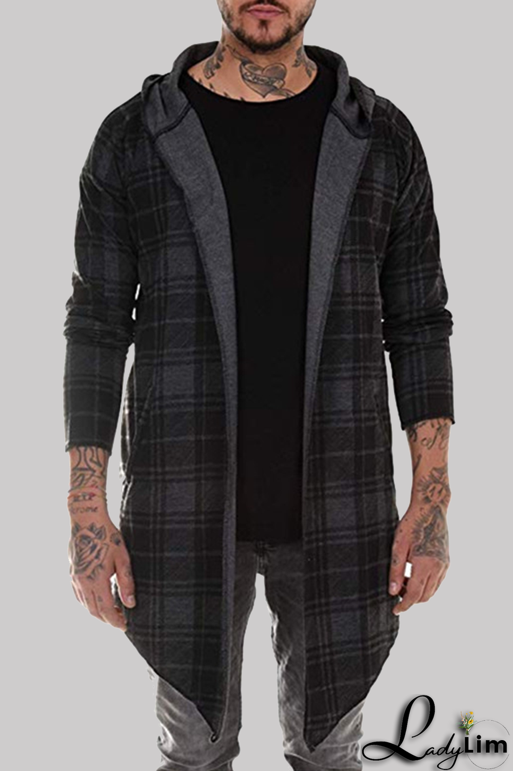 Dark Gray Fashion Casual Plaid Split Joint Hooded Collar Outerwear