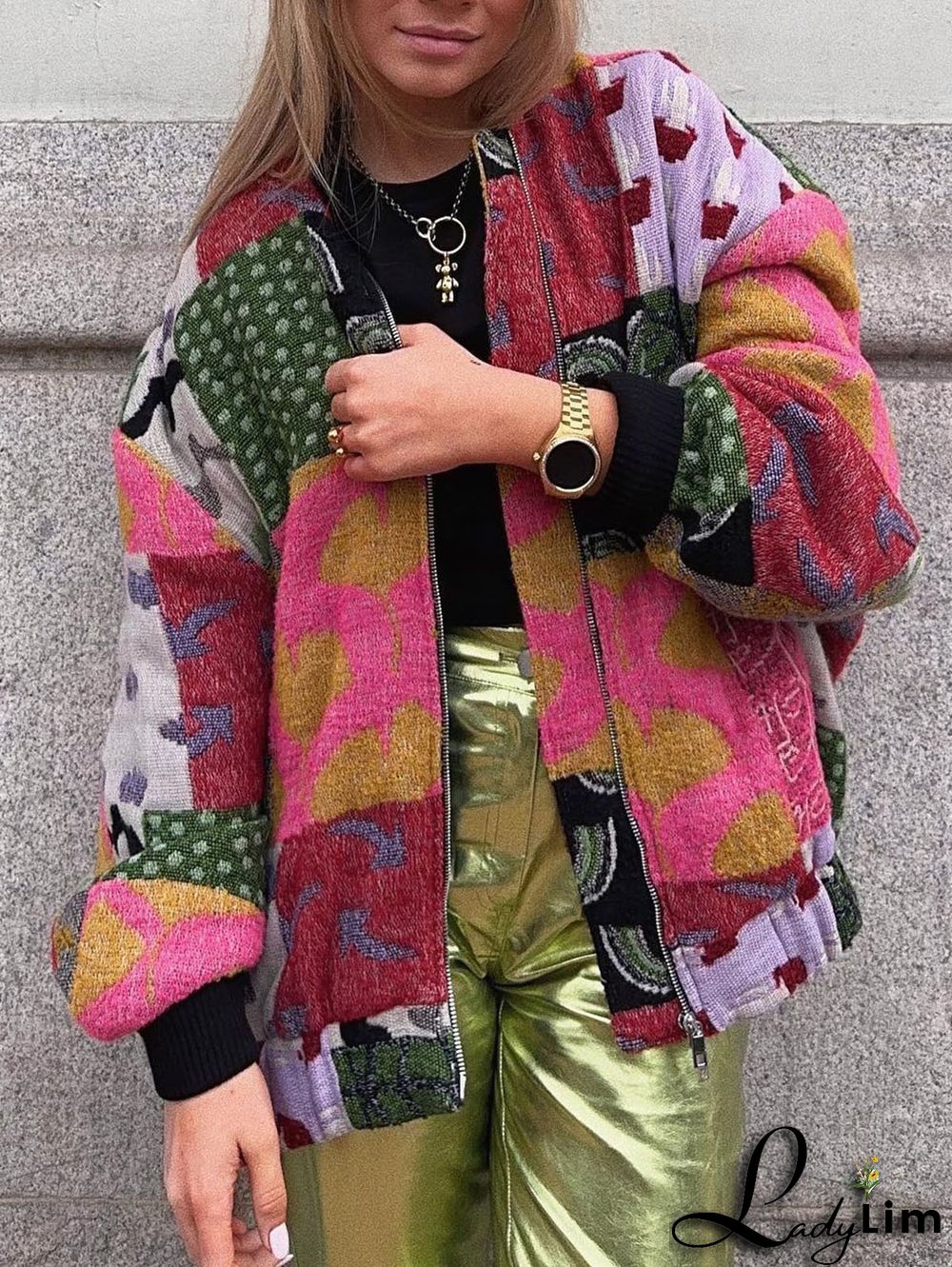 Daily Pattern Patchwork Zipper Long Sleeve Jacket Coat