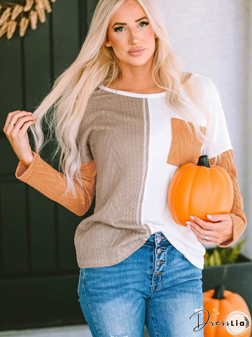 Textured Knit Orange Colorblock Long Sleeve Top with Chest Pocket