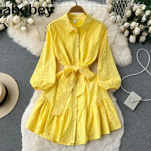 ABEBEY-hoco dresses -White/Green 2024 Autumn New Lace Embroidery Dress Women Lantern Sleeves Dresses Female Vintage Party Beach Mini Short Dresses