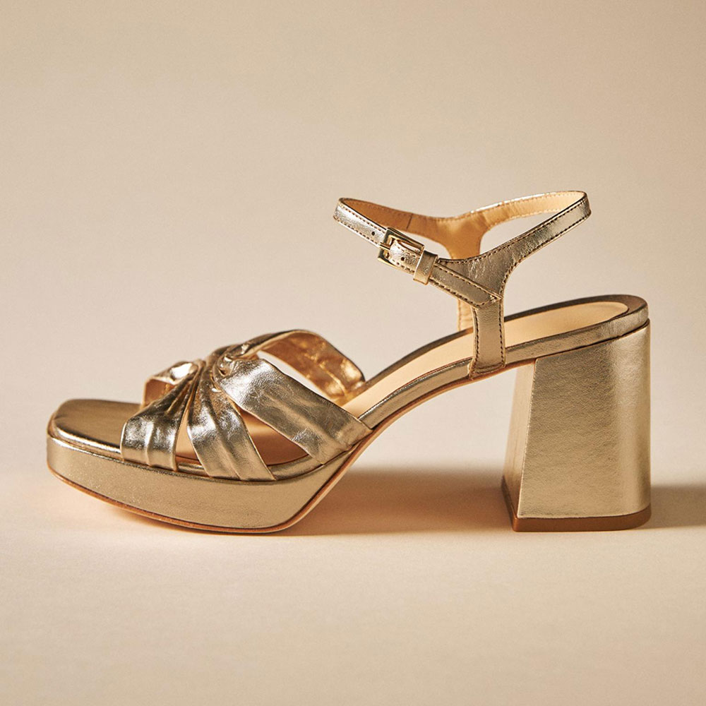 Metallic Gold Open Square Toe Block Heel Summer Sandals with Platform Nicepairs