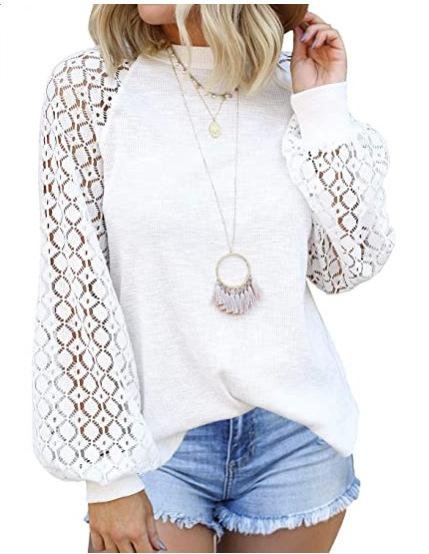 New Round Neck Long Sleeve Lace Patchwork Blouse for Women | EGEMISS
