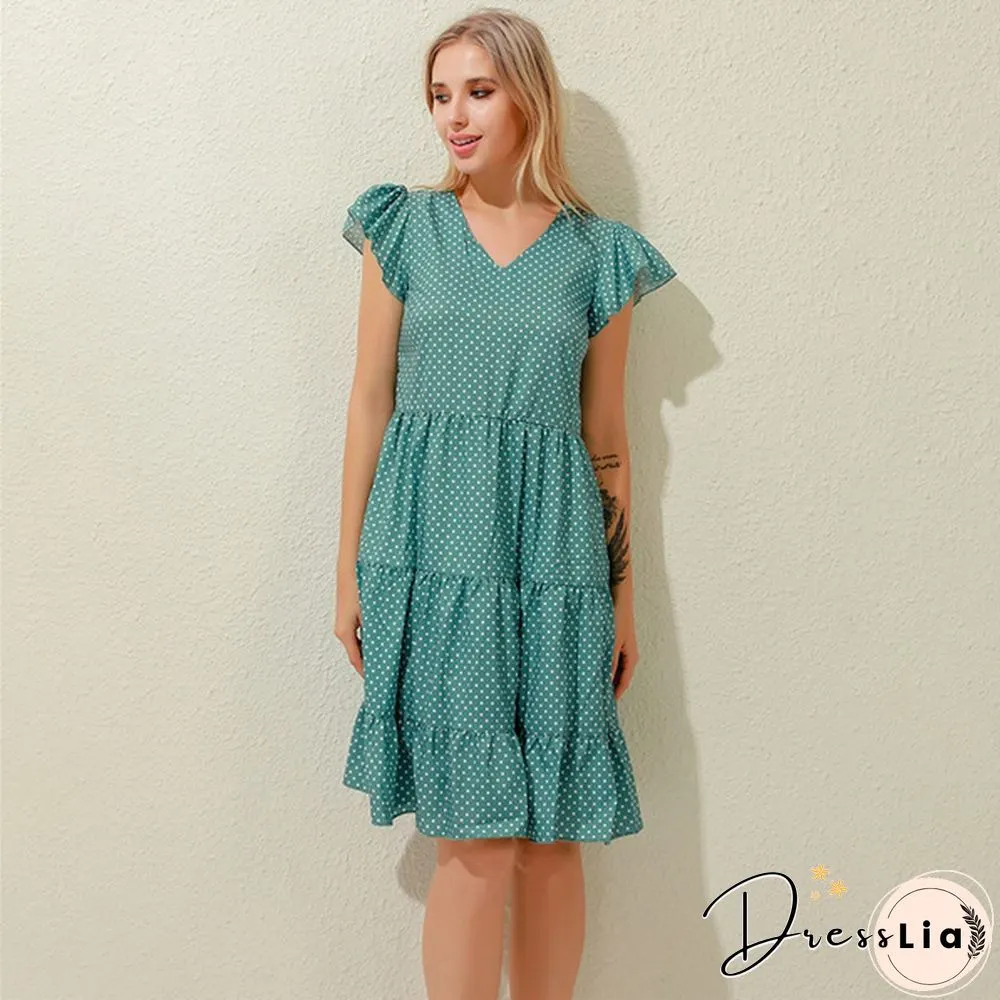 Summer Sundress Women Ruffles Sleeves V-Neck Dot Boho Vest Multi-Layer Connection Hem