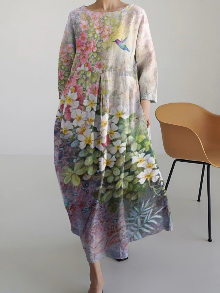 Comstylish Vintage Bird And Floral Round Neck Long Sleeve Midi Dress
