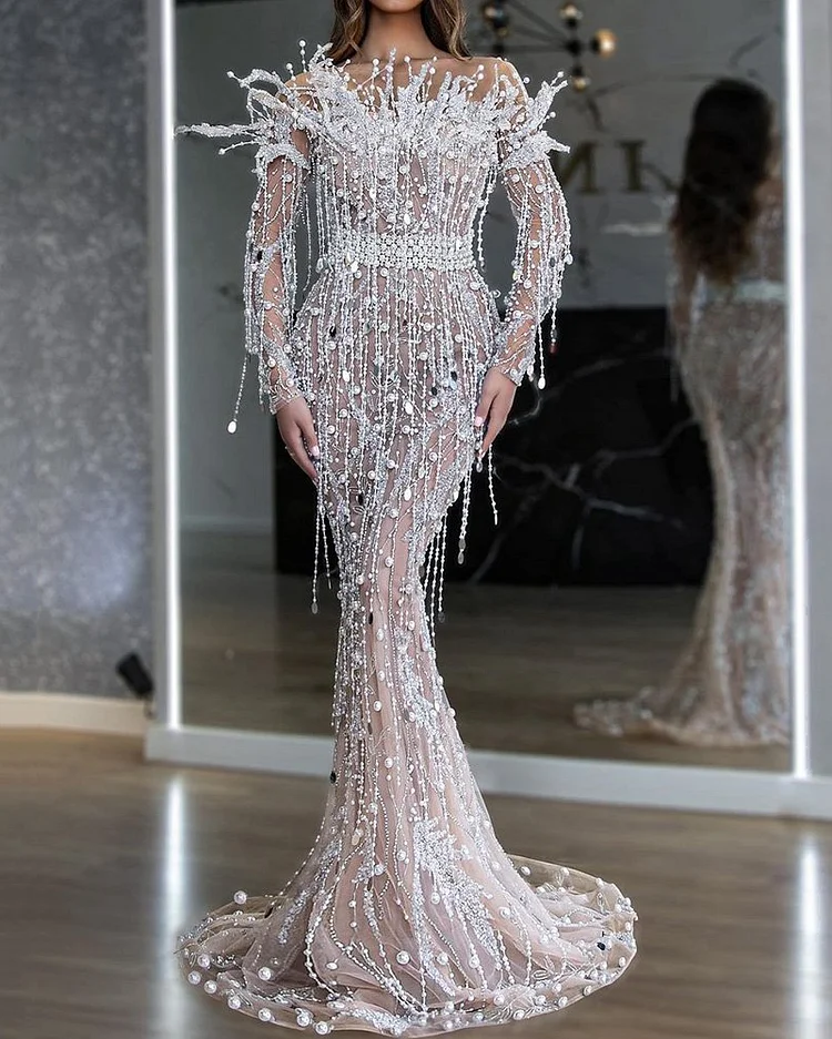 Wedding Long Sleeve Fringe Beaded White Maxi Dress - 01