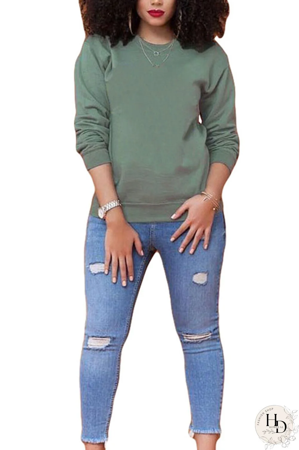 Orange Polyester O Neck Long Sleeve Solid Tops