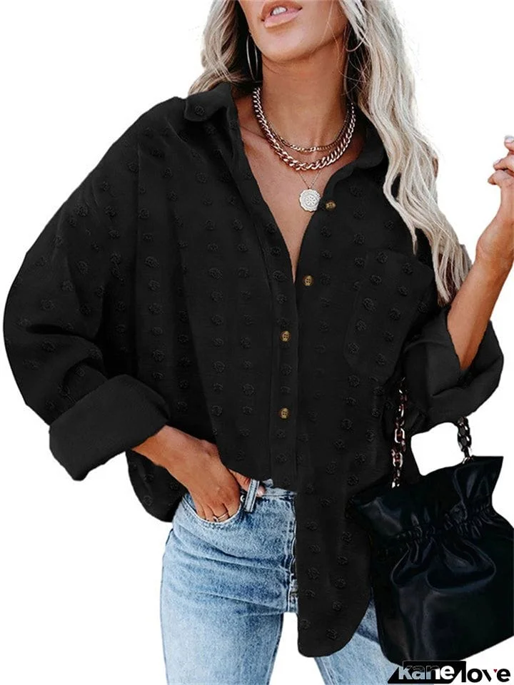 Jacquard Lapel Long Sleeve Buttoned Loose Chiffon Blouse