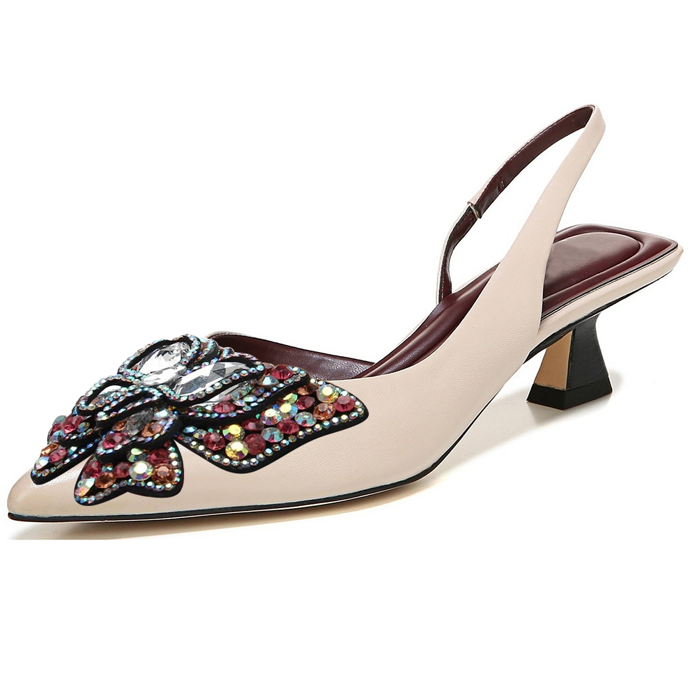 Beige Pointed Toe Kitten Heel Slingback Pumps with Butterfly Nicepairs