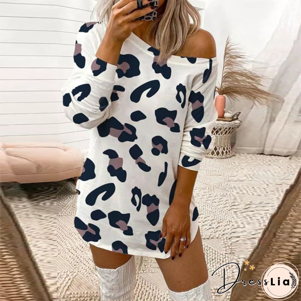 Sexy Leopard Print Off Shoulder Long Sleeve T-shirt Dress Women White Dresses
